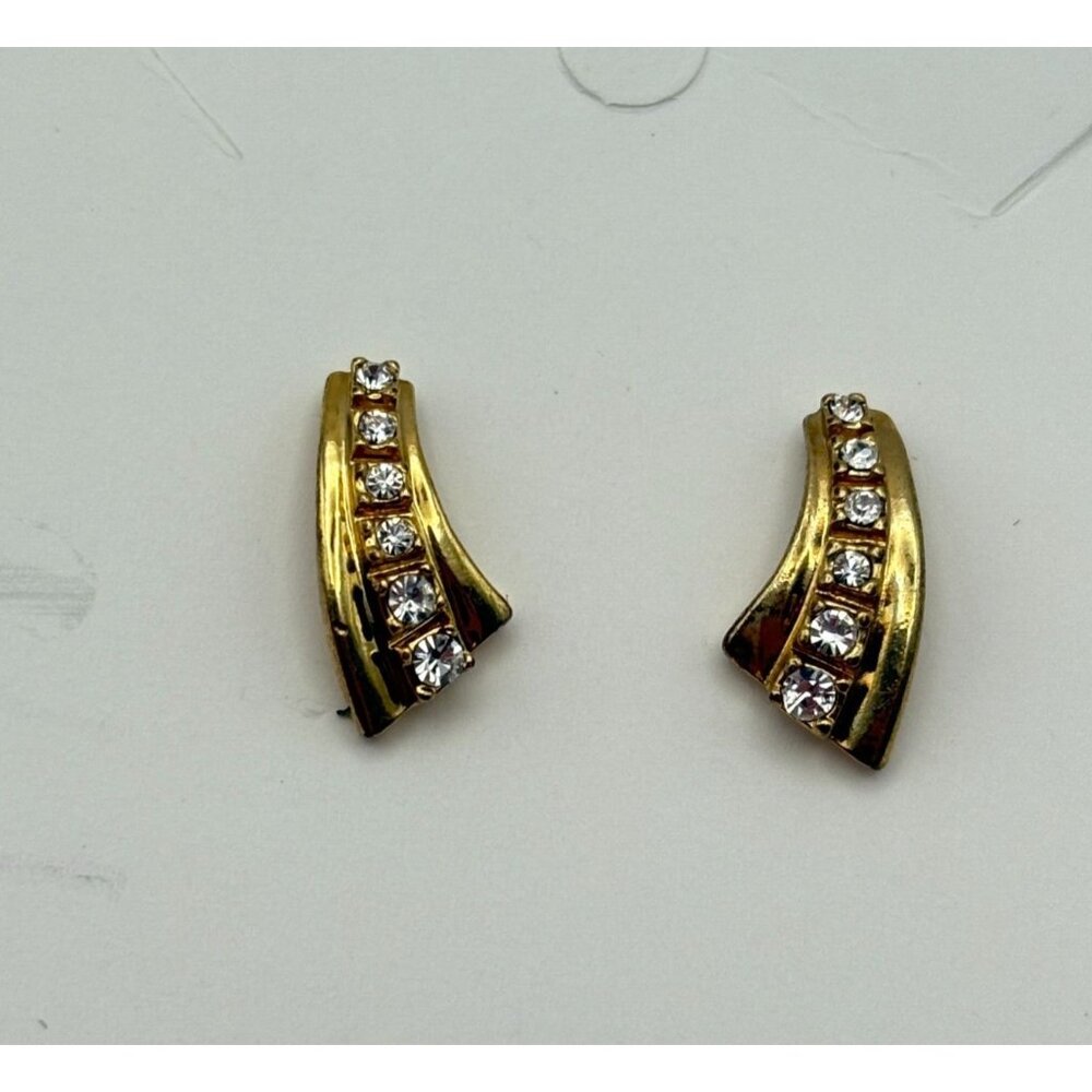 Gold Tone Rhinestone Stud Earrings With Curved Design Elegant Fashion Jewelry - Picture 6 of 6
